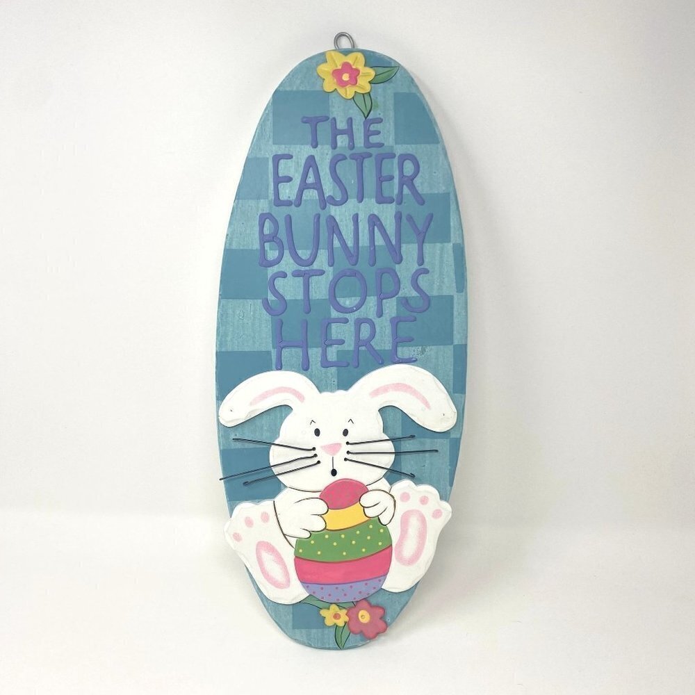 Easter Bunny Eggs Wood Sign Hanging Decor 17.75" x 7.25" Preowned